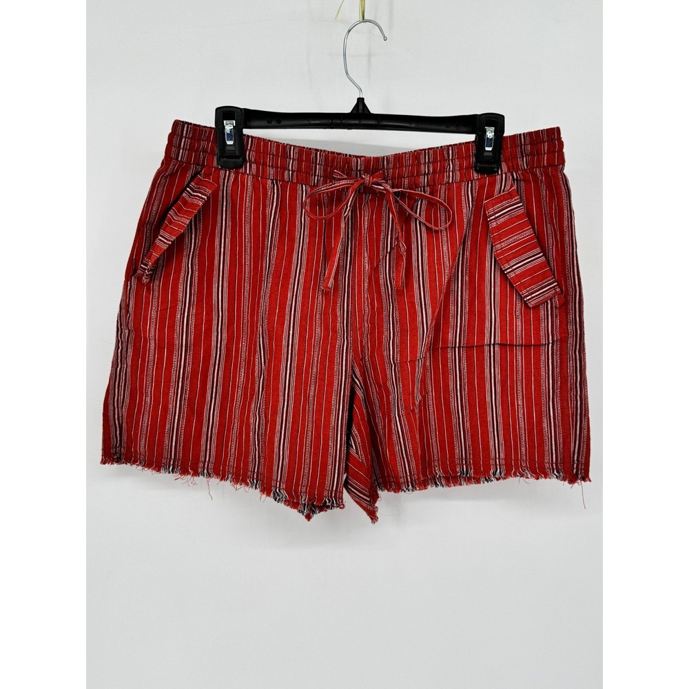 a.n.a Striped Shorts Women Large Red Excellent Linen Blend Drawstring Raw Hem